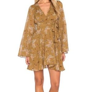 Free People Lilou chartreuse green floral print bell sleeve mini dress M